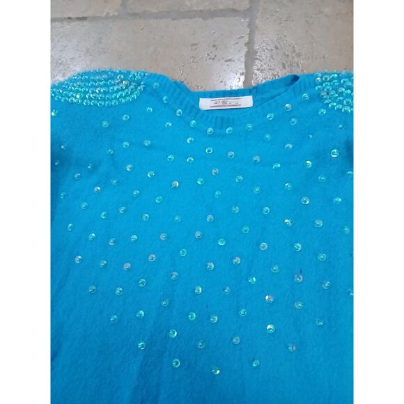 1980s Beaded Sequin CASHMERE Sweater Sz Small Aqua Green Round Neck Barbiecore - Picture 13 of 16